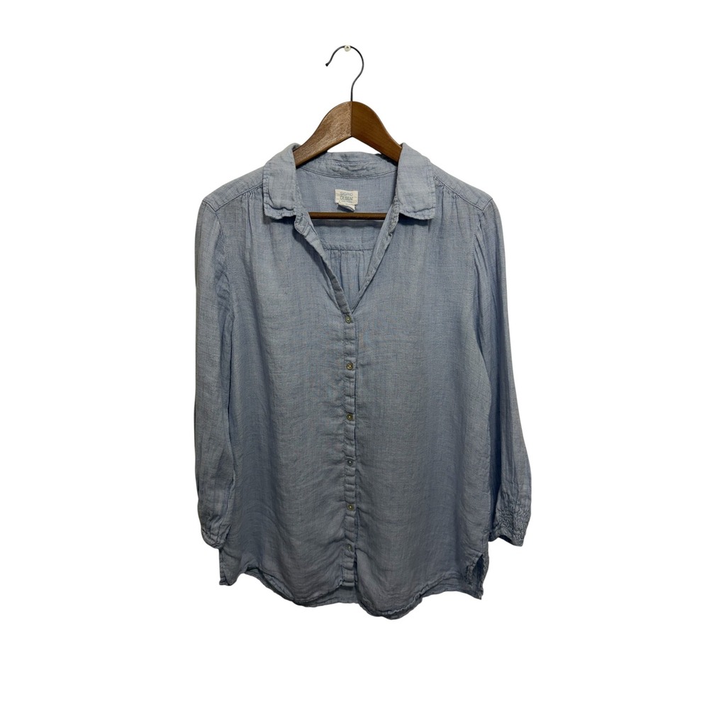Sigrid Olsen Womens Blue Linen Button Down Shirt Large Smocked Cuff Coastal